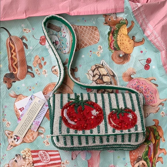 Striped Green and White Beaded Bag with Tomato Design - Picture 3 of 3